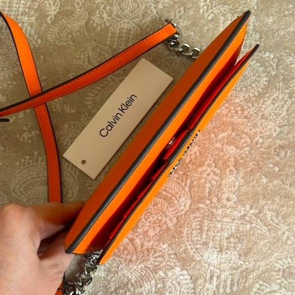 Brand New Calvin Klein Orange Wallet Organizer Crossbody Purse Silver Tone Chain - Picture 7 of 16